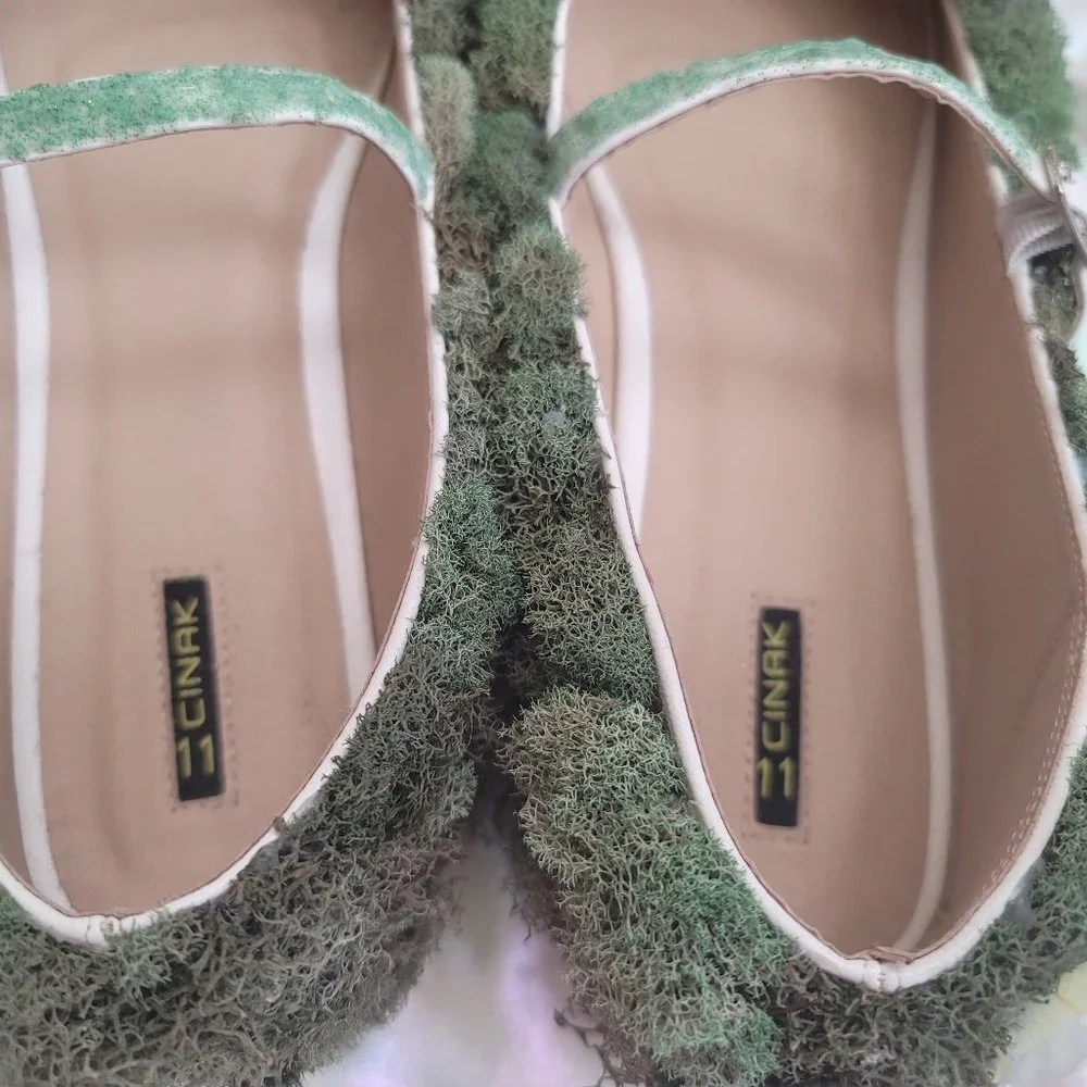 Custom One of a Kind Size 11 Topiary Moss and Flower Flat Mary Jane Shoes OOAK - Picture 5 of 11